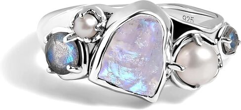 Moon Magic Moonstone Labradorite Pearl Ring | Pink Topaz & Rhodolite Garnet ring for women Multi Color | Real 925 Sterling Silver | 18k Rose Yellow Gold Rings for Women | Genuine Gemstones Jewelry in Saudi Arabia