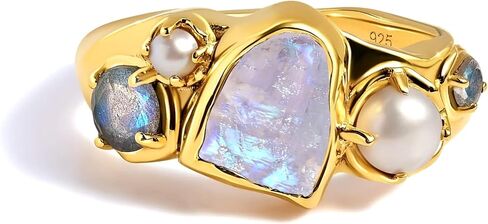 Moon Magic Moonstone Labradorite Pearl Ring | Pink Topaz & Rhodolite Garnet ring for women Multi Color | Real 925 Sterling Silver | 18k Rose Yellow Gold Rings for Women | Genuine Gemstones Jewelry in Saudi Arabia