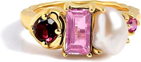 Moon Magic Moonstone Labradorite Pearl Ring | Pink Topaz & Rhodolite Garnet ring for women Multi Color | Real 925 Sterling Silver | 18k Rose Yellow Gold Rings for Women | Genuine Gemstones Jewelry in Saudi Arabia