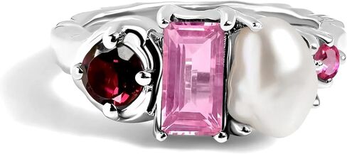 Moon Magic Moonstone Labradorite Pearl Ring | Pink Topaz & Rhodolite Garnet ring for women Multi Color | Real 925 Sterling Silver | 18k Rose Yellow Gold Rings for Women | Genuine Gemstones Jewelry in Saudi Arabia