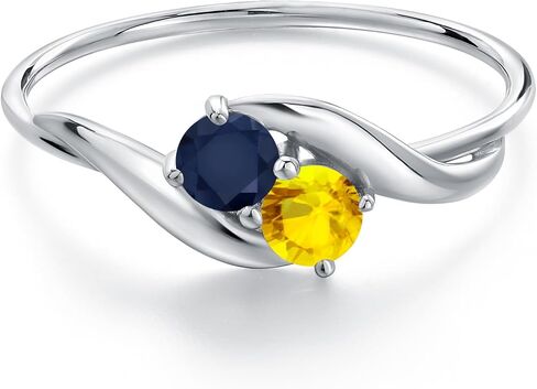 Gem Stone King 10K White Gold Round Blue Sapphire and Yellow Sapphire Ring For Women | 0.38 Cttw | Round 3.5MM | Gemstone September Birthstone | Available In Size 5, 6, 7, 8, 9 in Kuwait