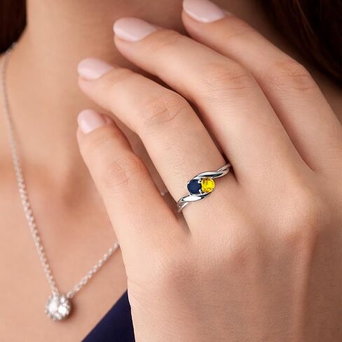 Gem Stone King 10K White Gold Round Blue Sapphire and Yellow Sapphire Ring For Women | 0.38 Cttw | Round 3.5MM | Gemstone September Birthstone | Available In Size 5, 6, 7, 8, 9 in Kuwait