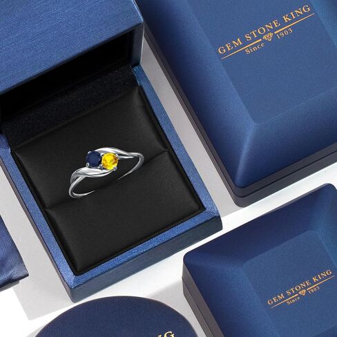 Gem Stone King 10K White Gold Round Blue Sapphire and Yellow Sapphire Ring For Women | 0.38 Cttw | Round 3.5MM | Gemstone September Birthstone | Available In Size 5, 6, 7, 8, 9 in Kuwait