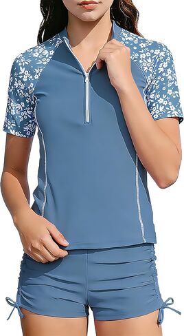 Girls Rash Guard Swimsuit 2 Piece Half-Zip Short Sleeve Color Block Bathing Suit with Ruched Drawstring Shorts 7-16Y in Saudi Arabia
