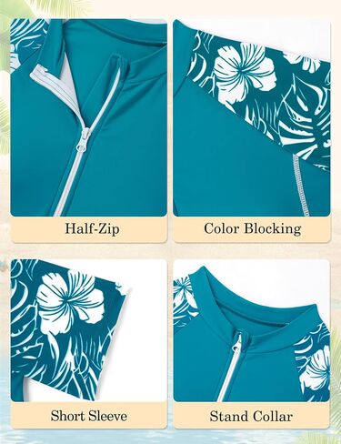 Girls Rash Guard Swimsuit 2 Piece Half-Zip Short Sleeve Color Block Bathing Suit with Ruched Drawstring Shorts 7-16Y in Saudi Arabia
