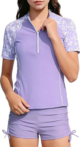 Girls Rash Guard Swimsuit 2 Piece Half-Zip Short Sleeve Color Block Bathing Suit with Ruched Drawstring Shorts 7-16Y in Saudi Arabia