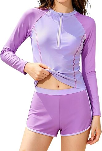 Girls Rash Guard Swimsuit 2 Piece Long Sleeve Bathing Suit with Shorts Half-Zip Colorblock Girl's Swimwear for 7-16Y in Saudi Arabia