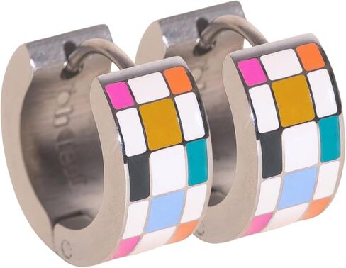 Oh Clementine Super Chunky Checkered Huggie Hoop Adjustable Clasp Earrings for Women - 316L Stainless Steel with18k PVD Gold Coating in Kuwait