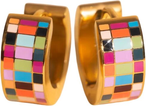 Oh Clementine Super Chunky Checkered Huggie Hoop Adjustable Clasp Earrings for Women - 316L Stainless Steel with18k PVD Gold Coating in Kuwait