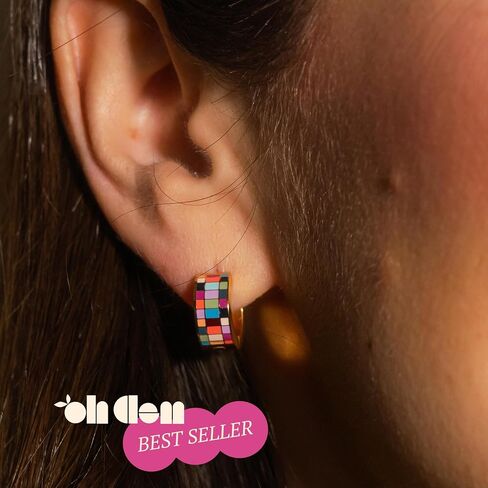 Oh Clementine Super Chunky Checkered Huggie Hoop Adjustable Clasp Earrings for Women - 316L Stainless Steel with18k PVD Gold Coating in Kuwait