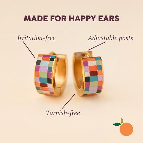 Oh Clementine Super Chunky Checkered Huggie Hoop Adjustable Clasp Earrings for Women - 316L Stainless Steel with18k PVD Gold Coating in Kuwait