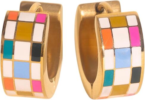 Oh Clementine Super Chunky Checkered Huggie Hoop Adjustable Clasp Earrings for Women - 316L Stainless Steel with18k PVD Gold Coating in Kuwait