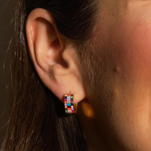 Oh Clementine Super Chunky Checkered Huggie Hoop Adjustable Clasp Earrings for Women - 316L Stainless Steel with18k PVD Gold Coating in Kuwait