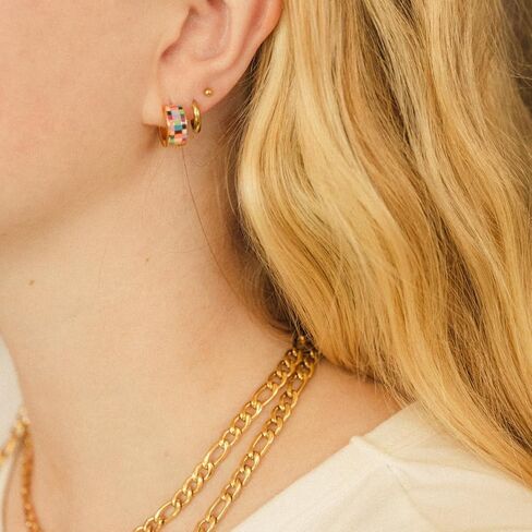 Oh Clementine Super Chunky Checkered Huggie Hoop Adjustable Clasp Earrings for Women - 316L Stainless Steel with18k PVD Gold Coating in Kuwait