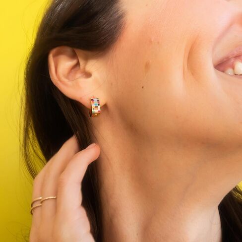 Oh Clementine Super Chunky Checkered Huggie Hoop Adjustable Clasp Earrings for Women - 316L Stainless Steel with18k PVD Gold Coating in Kuwait