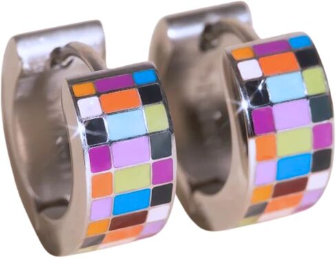 Oh Clementine Super Chunky Checkered Huggie Hoop Adjustable Clasp Earrings for Women - 316L Stainless Steel with18k PVD Gold Coating in Kuwait