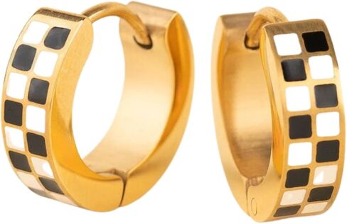Oh Clementine Super Chunky Checkered Huggie Hoop Adjustable Clasp Earrings for Women - 316L Stainless Steel with18k PVD Gold Coating in Kuwait