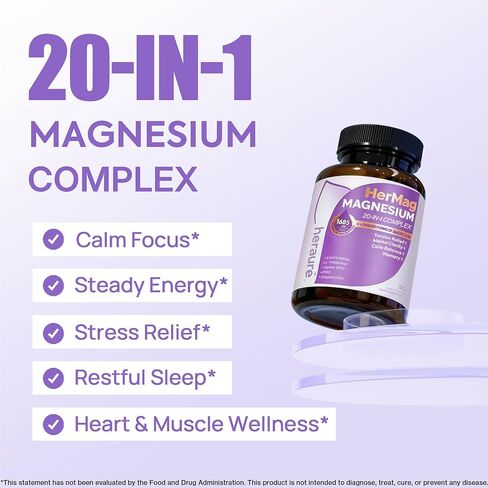HerAure 20-in-1 Magnesium Complex Brain Supplements, 90ct | 1685mg with Glycinate, Citrate & Malate, L-Theanine for Focus & Calm, Mental Clarity & Brain Fog Support in Saudi Arabia