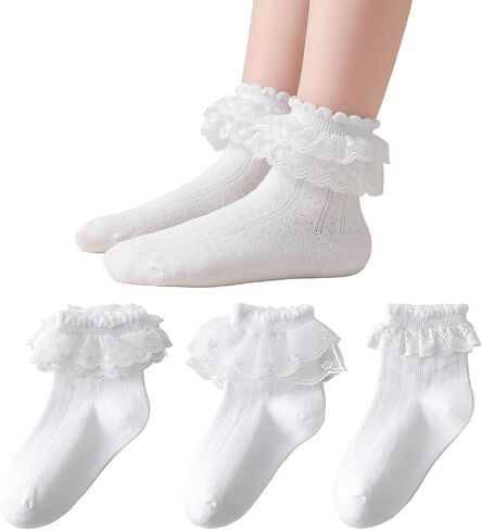 Girls White Lace Ruffle Socks,Breathable Mesh Cotton Crew Dress Socks for Toddler Little Girls School Uniform in Saudi Arabia