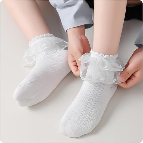 Girls White Lace Ruffle Socks,Breathable Mesh Cotton Crew Dress Socks for Toddler Little Girls School Uniform in Saudi Arabia