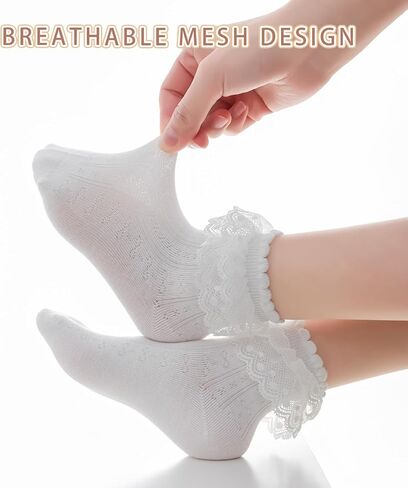 Girls White Lace Ruffle Socks,Breathable Mesh Cotton Crew Dress Socks for Toddler Little Girls School Uniform in Saudi Arabia