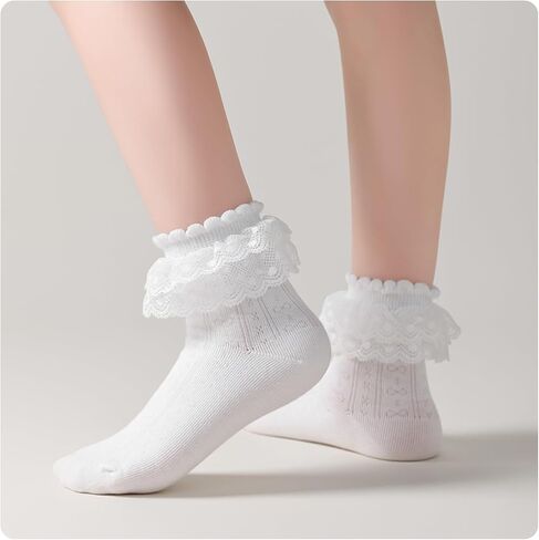 Girls White Lace Ruffle Socks,Breathable Mesh Cotton Crew Dress Socks for Toddler Little Girls School Uniform in Saudi Arabia