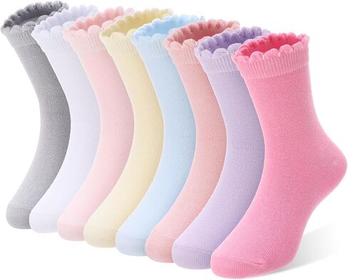 8 Pairs Girls Ruffle Socks 6-8 Years, Frilly Socks for Girls School Uniform Cotton Crew Dress Sock Multi-Color in Kuwait