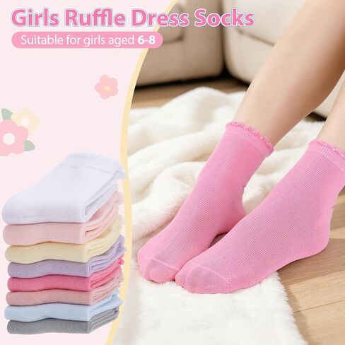 8 Pairs Girls Ruffle Socks 6-8 Years, Frilly Socks for Girls School Uniform Cotton Crew Dress Sock Multi-Color in Kuwait