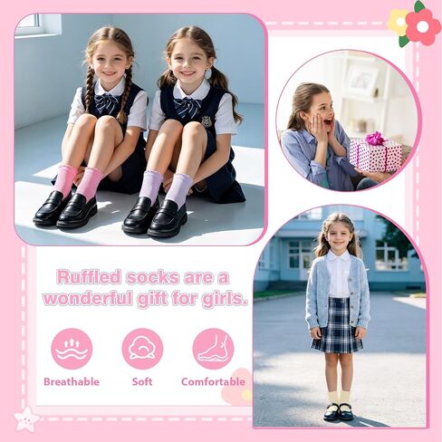 8 Pairs Girls Ruffle Socks 6-8 Years, Frilly Socks for Girls School Uniform Cotton Crew Dress Sock Multi-Color in Kuwait