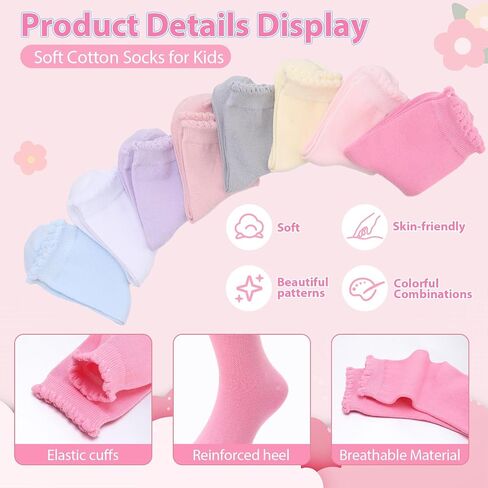 8 Pairs Girls Ruffle Socks 6-8 Years, Frilly Socks for Girls School Uniform Cotton Crew Dress Sock Multi-Color in Kuwait