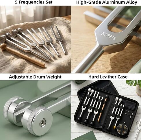 5 in 1 Tuning Forks for Healing Set, 5 Frequencies (128Hz, 136.1Hz, 256Hz, 384Hz, 528Hz) Sound Therapy Kit with Activator & Leather Case, Premium Gift for Meditation, Yoga & Chakra in Saudi Arabia