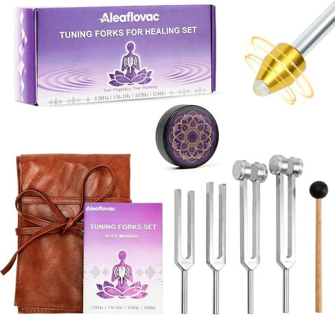Tuning Forks for Healing Set (128Hz, 136.1Hz, 432Hz, 528Hz) - Medical-Grade Weighted & Unweighted Forks with Vegan Leather Pouch & Activator, for Chakra Balancing, Sound Therapy, Yoga & Meditation in Saudi Arabia