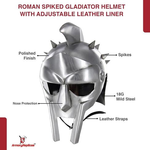خوذة Armory Replicas™ Maximus Roman Gladiator - نسخة طبق الأصل مصنوعة يدويًا من الفولاذ مقاس 18 قياسًا مع مسامير وبطانة جلدية وحزام ذقن | درع تاريخي أصيل للبالغين in Kuwait