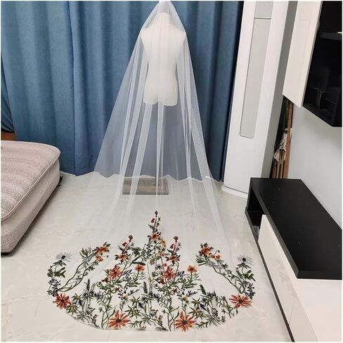 Colored Floral Wedding Bridal Veils Embroidered White Tulle Cathedral Long 1 Layer with Metal Comb Girls in Kuwait