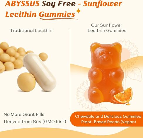 ABYSSUS Sunflower Lecithin Gummies 1200mg with Phosphatidyl Choline, Women’s Daily Supplement for Brain, Liver & Cell Health – Sugar Free, Soy Free, Non-GMO – 60 Count in Saudi Arabia