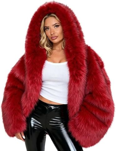 Faux Fur Coat Women Fake Fur Coat with Hood Casual Fluffy Furry Jackets for Women Open Front Winter Jackets for Women in Saudi Arabia