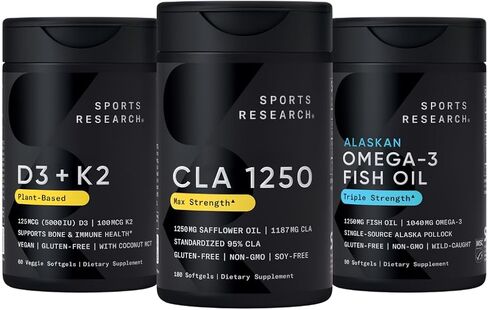 مجموعة فيتامينات متعددة من Sports Research® - CLA 1250 مجم مشتقة من زيت القرطم، وفيتامين د3 5000 وحدة دولية + ك2 100 ميكروجرام، وزيت سمك ألاسكا أوميجا 3 1250 مجم · غير معدل وراثيًا · خالي من الغلوتين والصويا in Kuwait