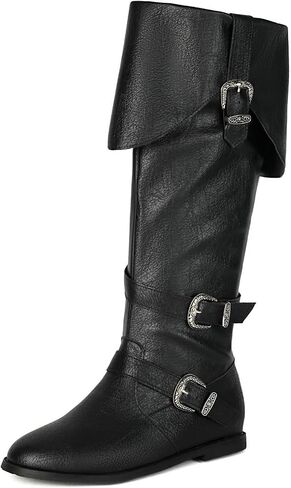Betastella Womens Pirate Costume Boots Medieval Renaissance Knee High Flat Boots Buckle Vintage Halloween Cosplay Shoes, Size 7, Black in Saudi Arabia