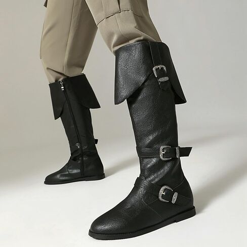 Betastella Womens Pirate Costume Boots Medieval Renaissance Knee High Flat Boots Buckle Vintage Halloween Cosplay Shoes, Size 7, Black in Saudi Arabia
