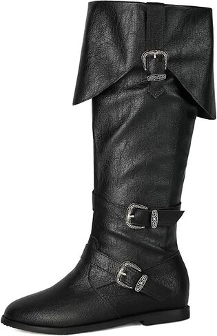 Betastella Womens Pirate Costume Boots Medieval Renaissance Knee High Flat Boots Buckle Vintage Halloween Cosplay Shoes, Size 7, Black in Saudi Arabia
