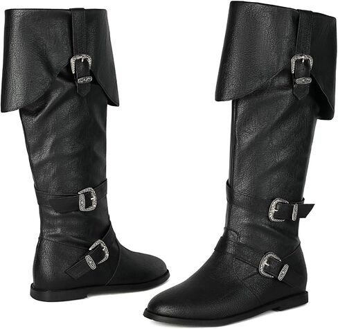 Betastella Womens Pirate Costume Boots Medieval Renaissance Knee High Flat Boots Buckle Vintage Halloween Cosplay Shoes, Size 7, Black in Saudi Arabia