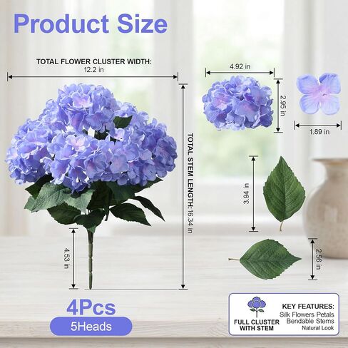 Ivydale Artificial Flowers for Outdoors, 4 PCS Purple Blue Fake Silk Hydrangea Flower Stems for Bouquets UV Resistant Realistic Faux Plants Home Outdoor Wedding Party Centerpieces Decor in Saudi Arabia