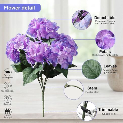 Ivydale Artificial Flowers for Outdoors, 4 PCS Purple Blue Fake Silk Hydrangea Flower Stems for Bouquets UV Resistant Realistic Faux Plants Home Outdoor Wedding Party Centerpieces Decor in Saudi Arabia