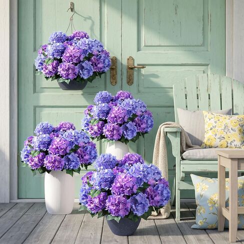 Ivydale Artificial Flowers for Outdoors, 4 PCS Purple Blue Fake Silk Hydrangea Flower Stems for Bouquets UV Resistant Realistic Faux Plants Home Outdoor Wedding Party Centerpieces Decor in Saudi Arabia