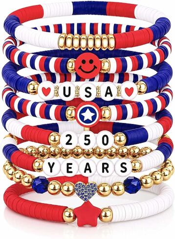 Go Ho 8 Pack 250 Anniversary USA Merchandise Bracelets:Patriotic Red White and Blue Stackable Bracelets Set with USA,250 YEARS,Star&Smile Charms,4th of July Decorations Accessories Shirts Outfits for Women in Saudi Arabia
