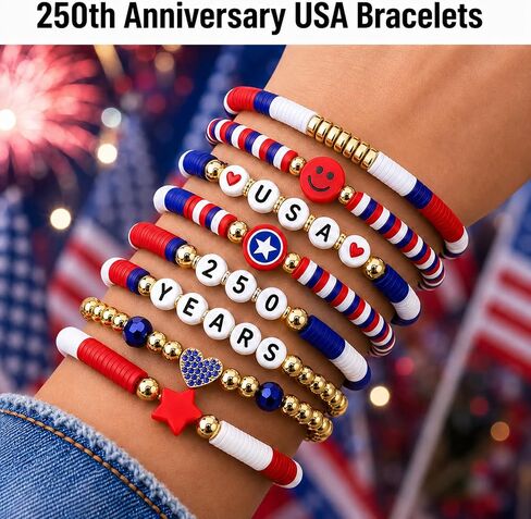 Go Ho 8 Pack 250 Anniversary USA Merchandise Bracelets:Patriotic Red White and Blue Stackable Bracelets Set with USA,250 YEARS,Star&Smile Charms,4th of July Decorations Accessories Shirts Outfits for Women in Saudi Arabia