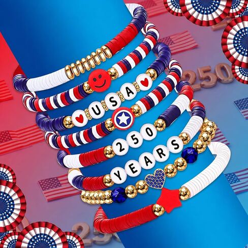 Go Ho 8 Pack 250 Anniversary USA Merchandise Bracelets:Patriotic Red White and Blue Stackable Bracelets Set with USA,250 YEARS,Star&Smile Charms,4th of July Decorations Accessories Shirts Outfits for Women in Saudi Arabia