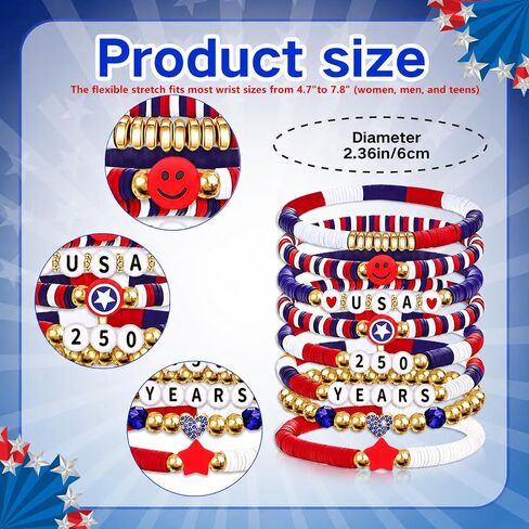 Go Ho 8 Pack 250 Anniversary USA Merchandise Bracelets:Patriotic Red White and Blue Stackable Bracelets Set with USA,250 YEARS,Star&Smile Charms,4th of July Decorations Accessories Shirts Outfits for Women in Saudi Arabia