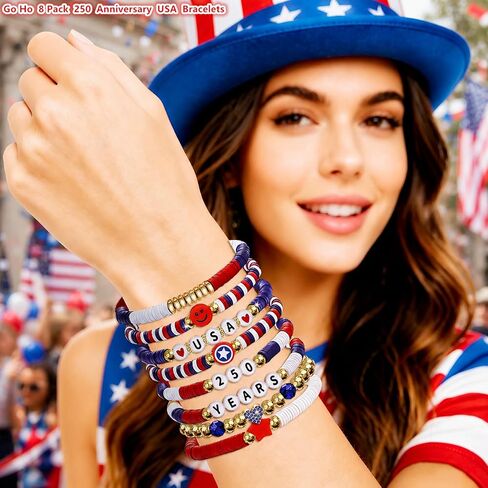 Go Ho 8 Pack 250 Anniversary USA Merchandise Bracelets:Patriotic Red White and Blue Stackable Bracelets Set with USA,250 YEARS,Star&Smile Charms,4th of July Decorations Accessories Shirts Outfits for Women in Saudi Arabia