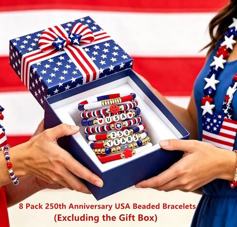 Go Ho 8 Pack 250 Anniversary USA Merchandise Bracelets:Patriotic Red White and Blue Stackable Bracelets Set with USA,250 YEARS,Star&Smile Charms,4th of July Decorations Accessories Shirts Outfits for Women in Saudi Arabia